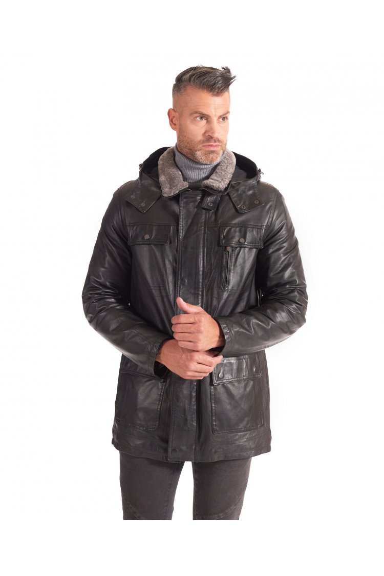 Black hooded nappa lamb leather coat flap pockets