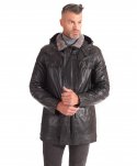 Cappotto in pelle nera con cappuccio staccabile