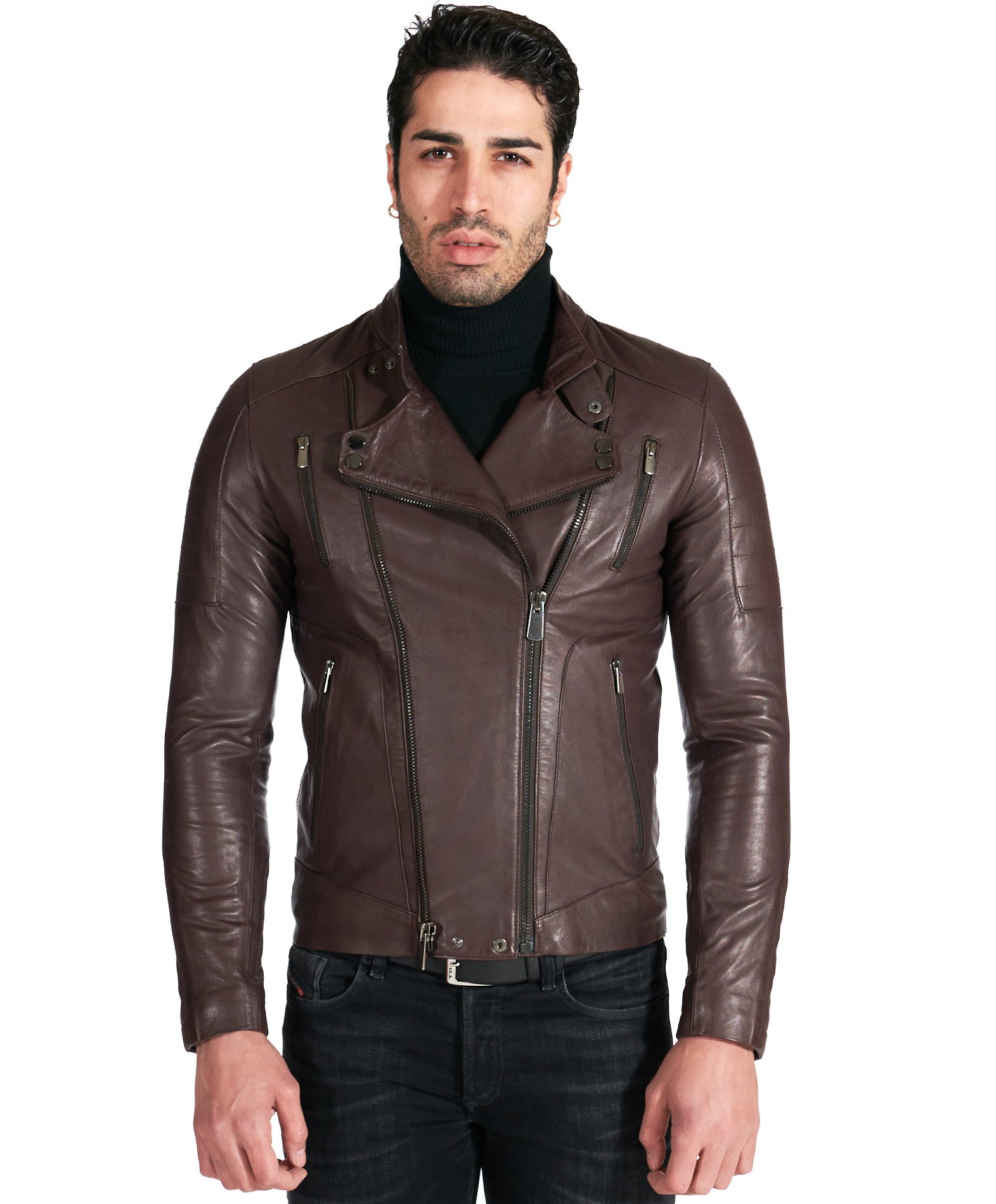 Men's Leather biker Jacket leather biker quilted yoke brown color Kevin ...