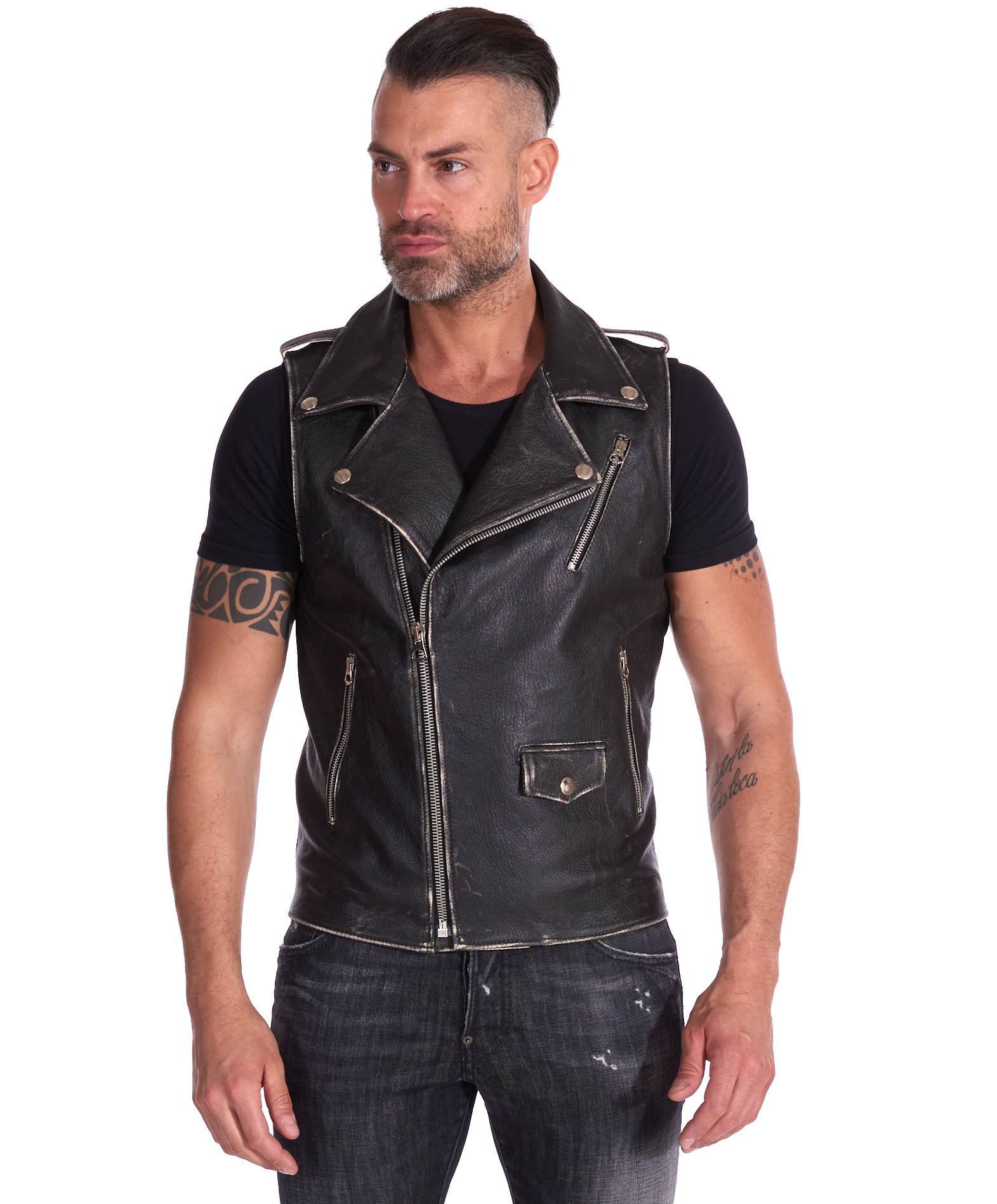 Sleeveless leather jacket sleeveless biker jacket vest black Ermal