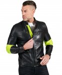 Giacca biker in pelle nera e inserti in pelle fluo effetto liscio
