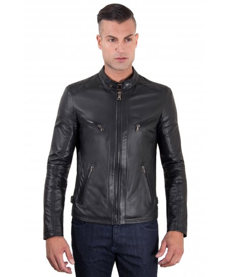 Black quilted nappa lamb leather biker jacket four pockets