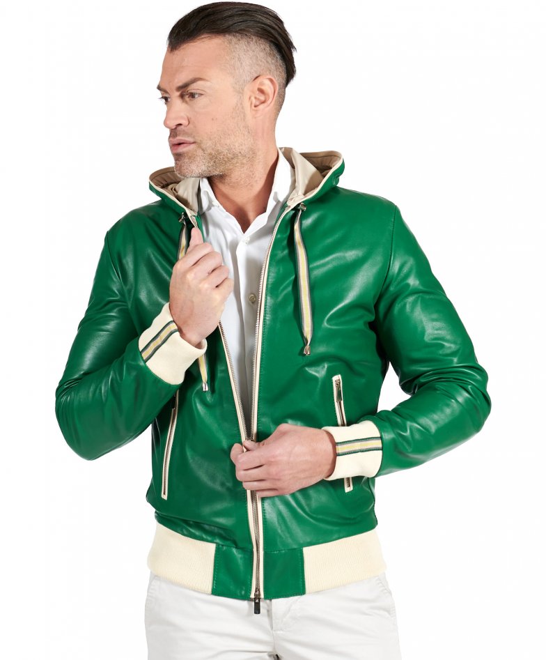 Men's bomber leather jacket hooded bomber jacket green Biancolino