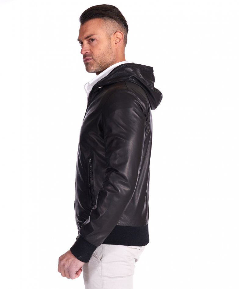 Men's bomber leather jacket hooded bomber jacket black Biancolino | D ...