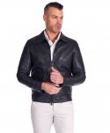 Giacca in pelle blu scuro collo camicia effetto liscio