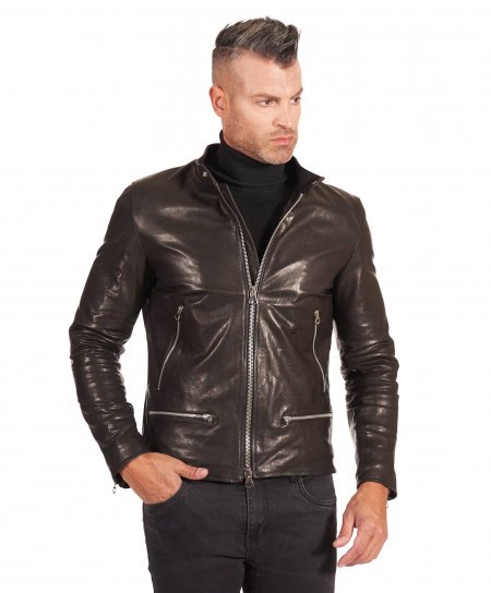 Black washed lamb leather vintage jacket four zipper pockets