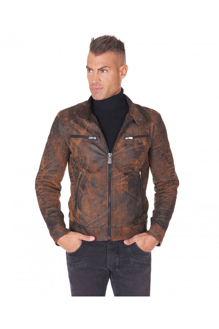 Brown lamb leather biker...