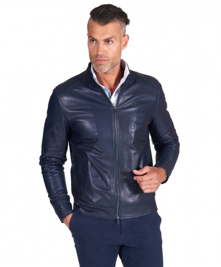 Blue navy natural lamb leather jacket central zipper closure