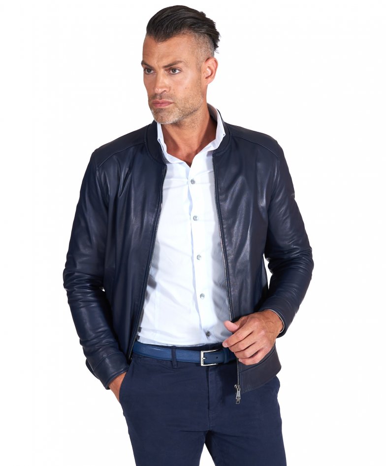 Genuine leather jacket mens blue leather jacket magnet pockets