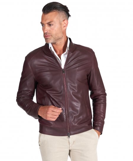 Bordeaux natural lamb leather jacket central zipper closure