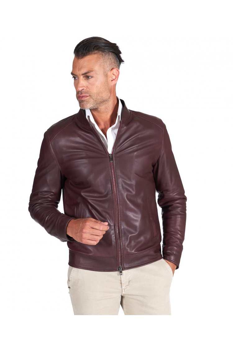 Bordeaux natural lamb leather jacket central zipper closure