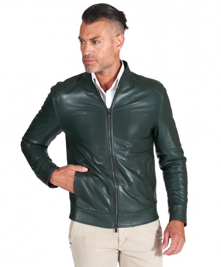 Green natural lamb leather jacket central zipper closure