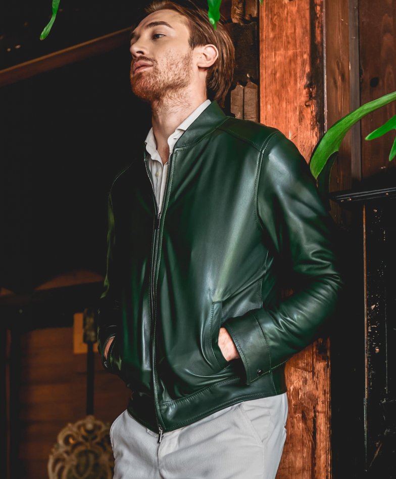 Men's Leather Bomber Jacket natural lamb leather green 106 | D'Arienzo-seedfund.vn