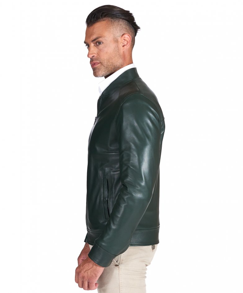Genuine leather jacket mens green leather jacket magnet pockets