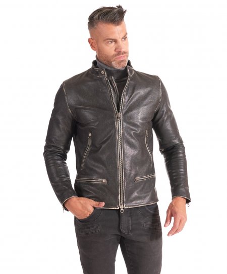 Black vintage leather jacket four zipper pockets