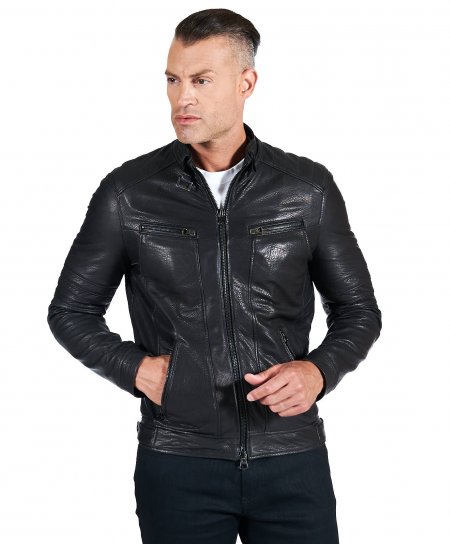 Black wrinkled lamb leather biker jacket quilted yoke