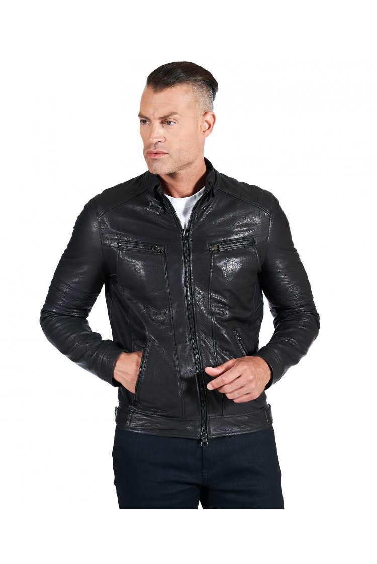 Black wrinkled lamb leather biker jacket quilted yoke