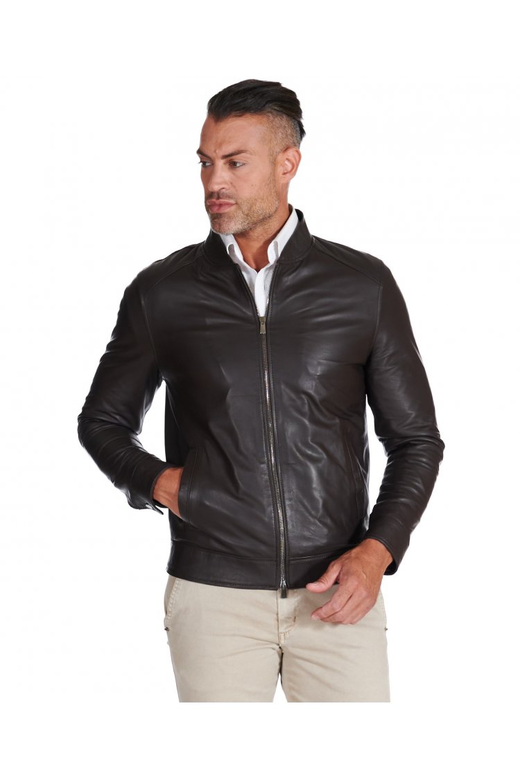 Dark brown natural leather biker jacket magnet pockets