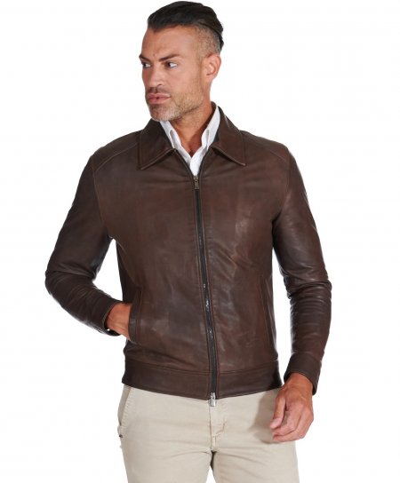 Dark brown natural lamb leather biker jacket shirt collar