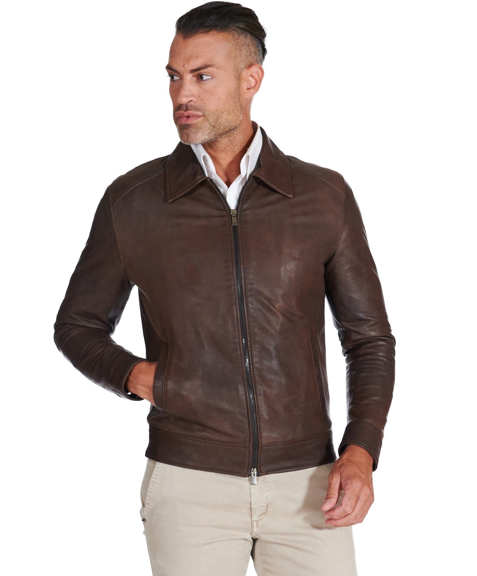 Man natural leather Jacket shirt collar dark brown Marlon Cam | D'Arienzo