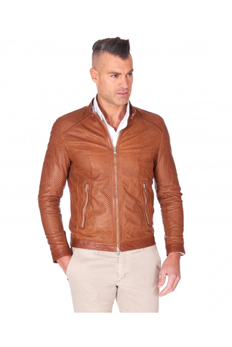 Tan laser cut leather biker...