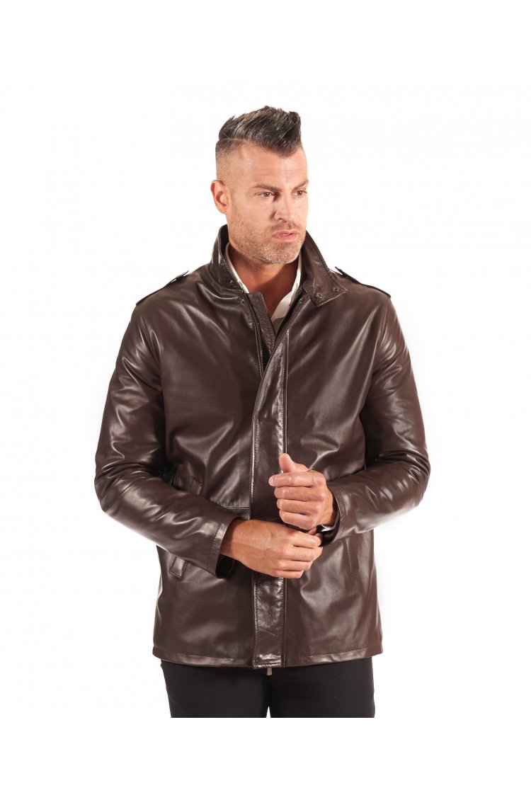 Dark brown nappa lamb leather jacket two pockets