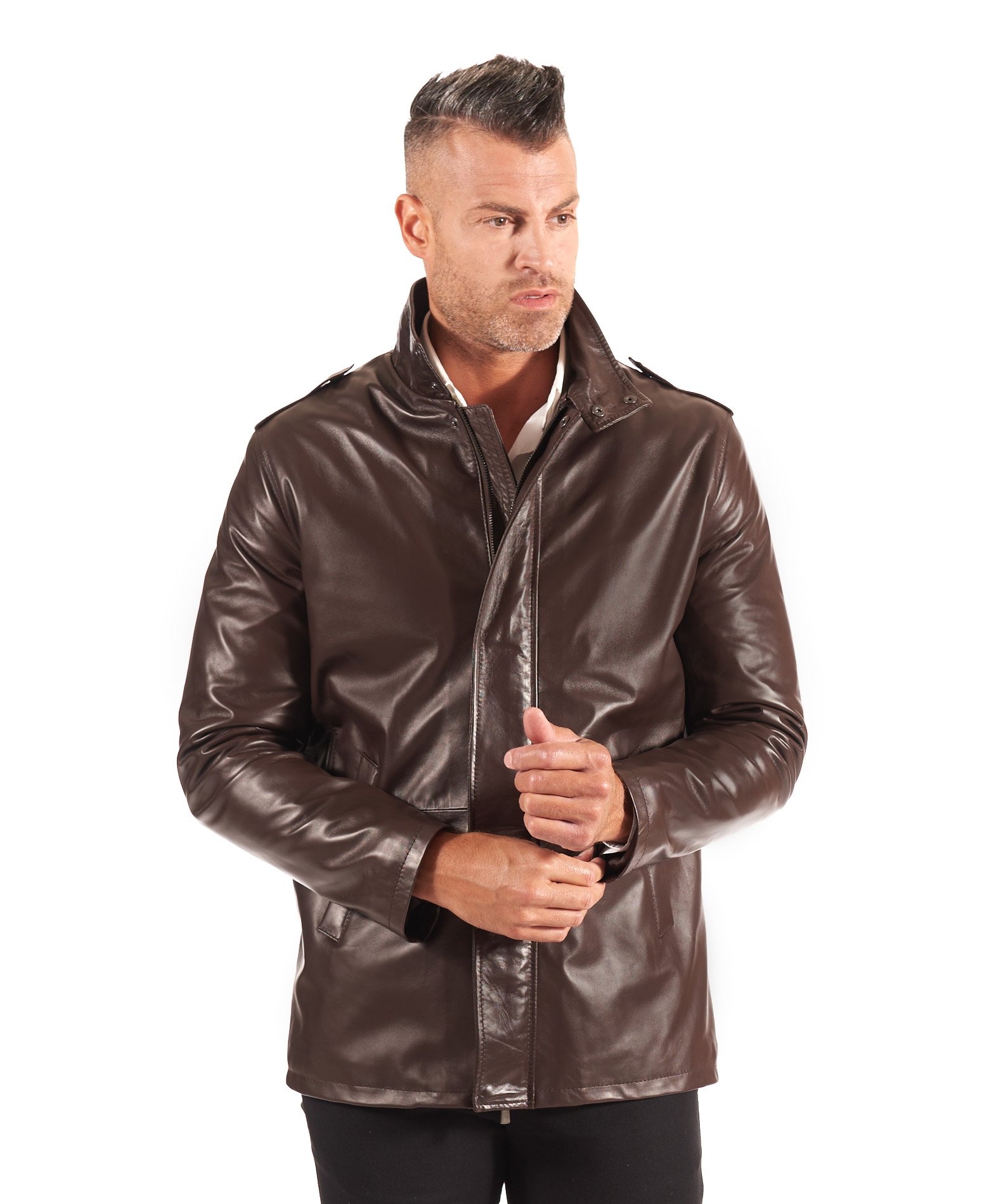 Man leather padded jacket mao collar zip closing dark brown Luca