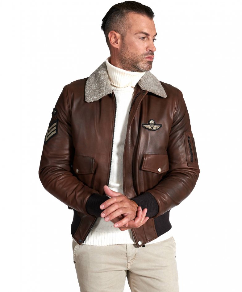Aviator - Brown lamb leather bomber jacket shearling collar