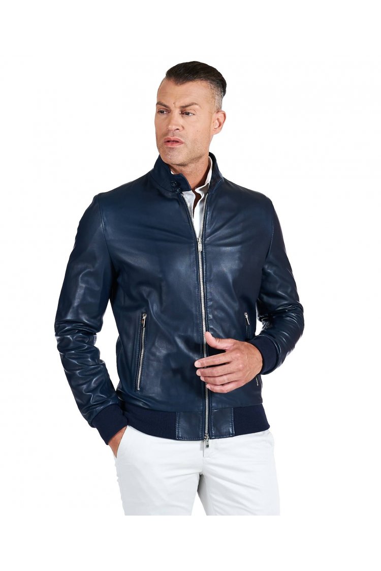 Blue lamb leather bomber...