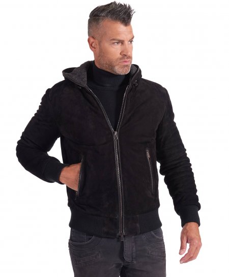 Black hooded suede lamb leather bomber jacket