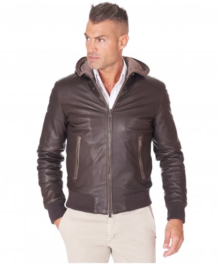 Dark brown hooded natural leather bomber jacket
