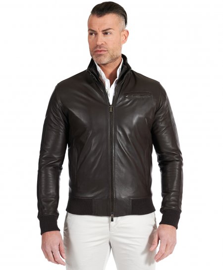 Brown natural lamb leather bomber jacket