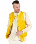 Giubbotto varsity in pelle naturale gialla e beige con elastico bicolore