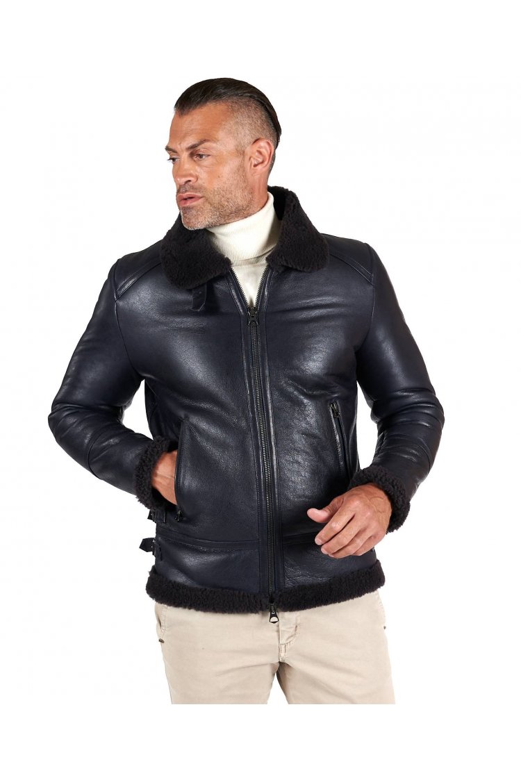 Blue shearling lamb biker...