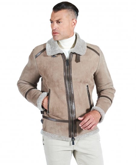 Taupe shearling lamb biker jacket shirt and buckle collar