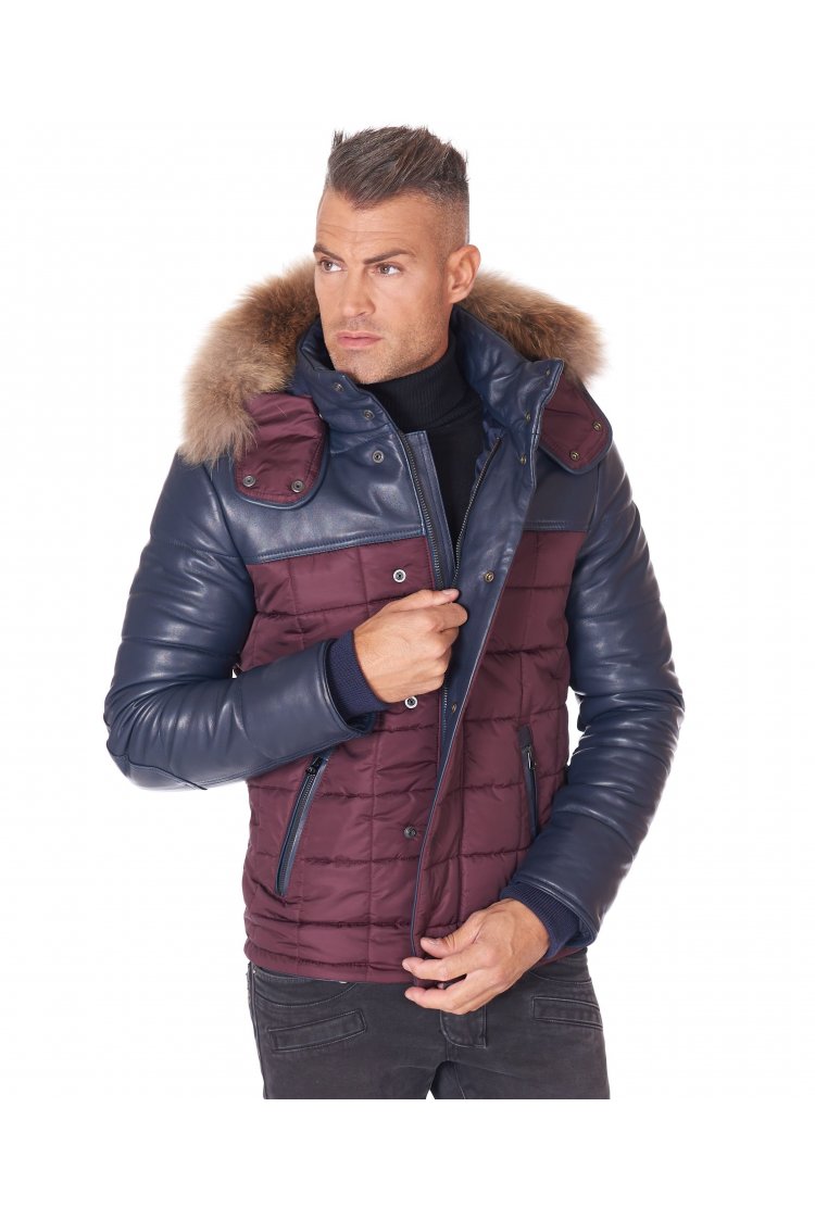 Blue bordeaux hooded leather down jacket and fabric