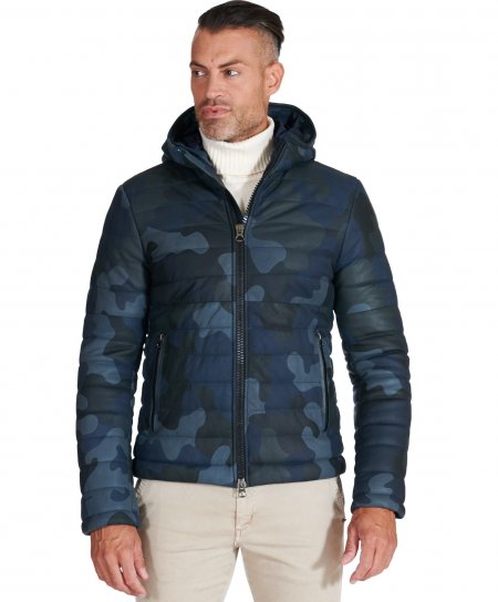 Military blue hooded nappa lamb leather down jacket