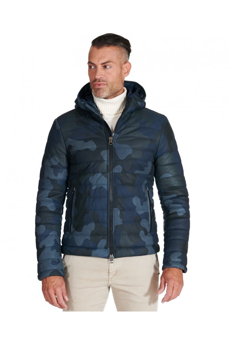 Military blue hooded nappa lamb leather puffer jacket