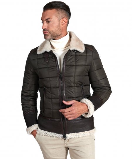 Green quilted fabric down jacket and brown shearling profiles