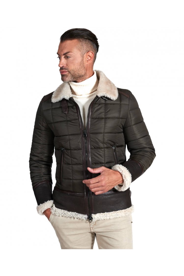 Green quilted fabric down jacket and brown shearling profiles