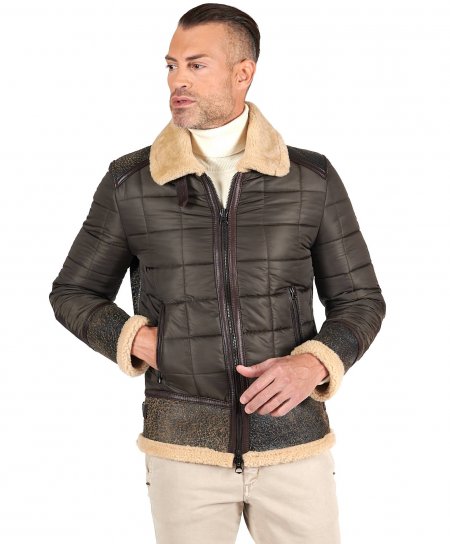Green quilted fabric down jacket and brown shearling profiles