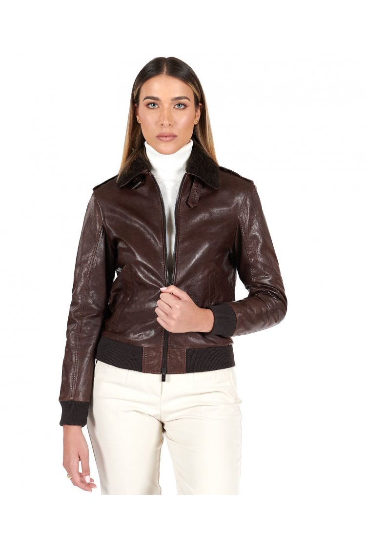 Dark brown lamb leather bomber aviator vintage jacket