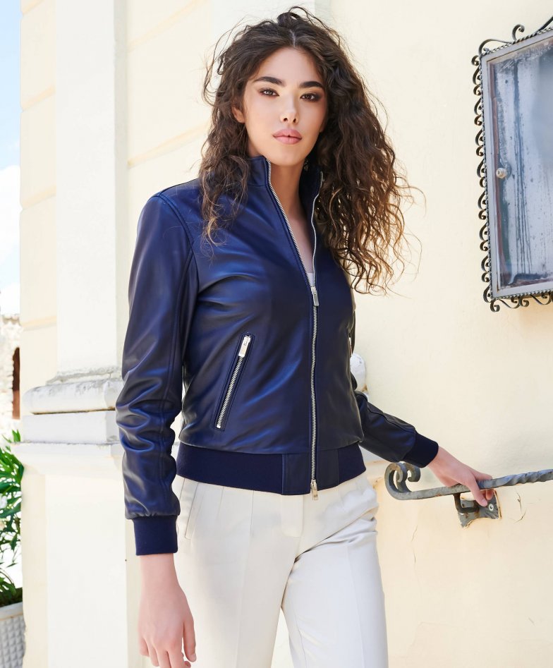 Womens leather bomber leather bomber blue leather bomber G154 | D\'Arienzo