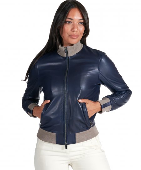 Blue natural leather bomber jacket merino wool collar