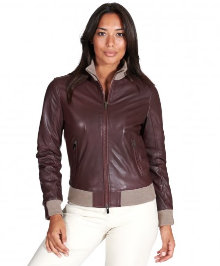 Burgundy natural leather bomber jacket merino wool collar