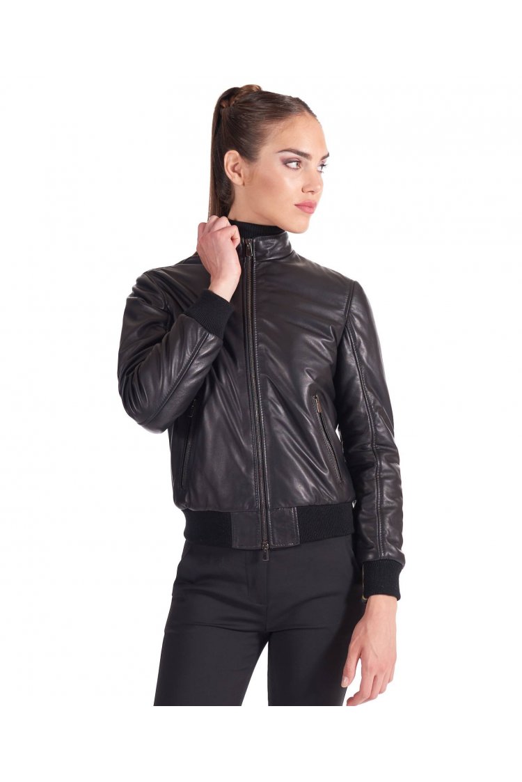 Black natual lamb leather bomber jacket korean collar