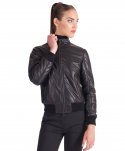 Schwarze bomberjacke naturleder glatte-effekt Koreanisches kragen 