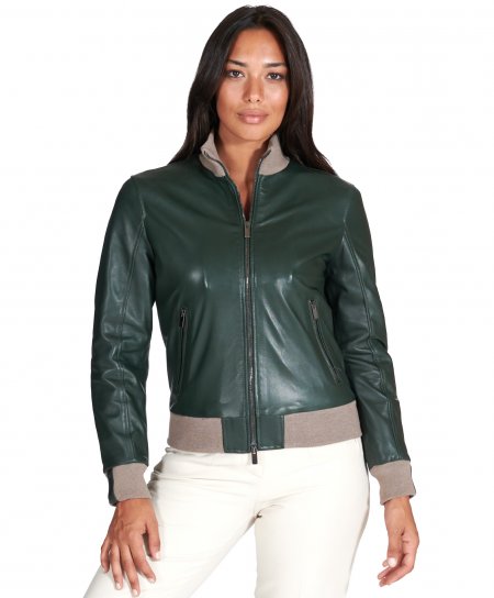 Dark green natural leather bomber jacket merino wool collar