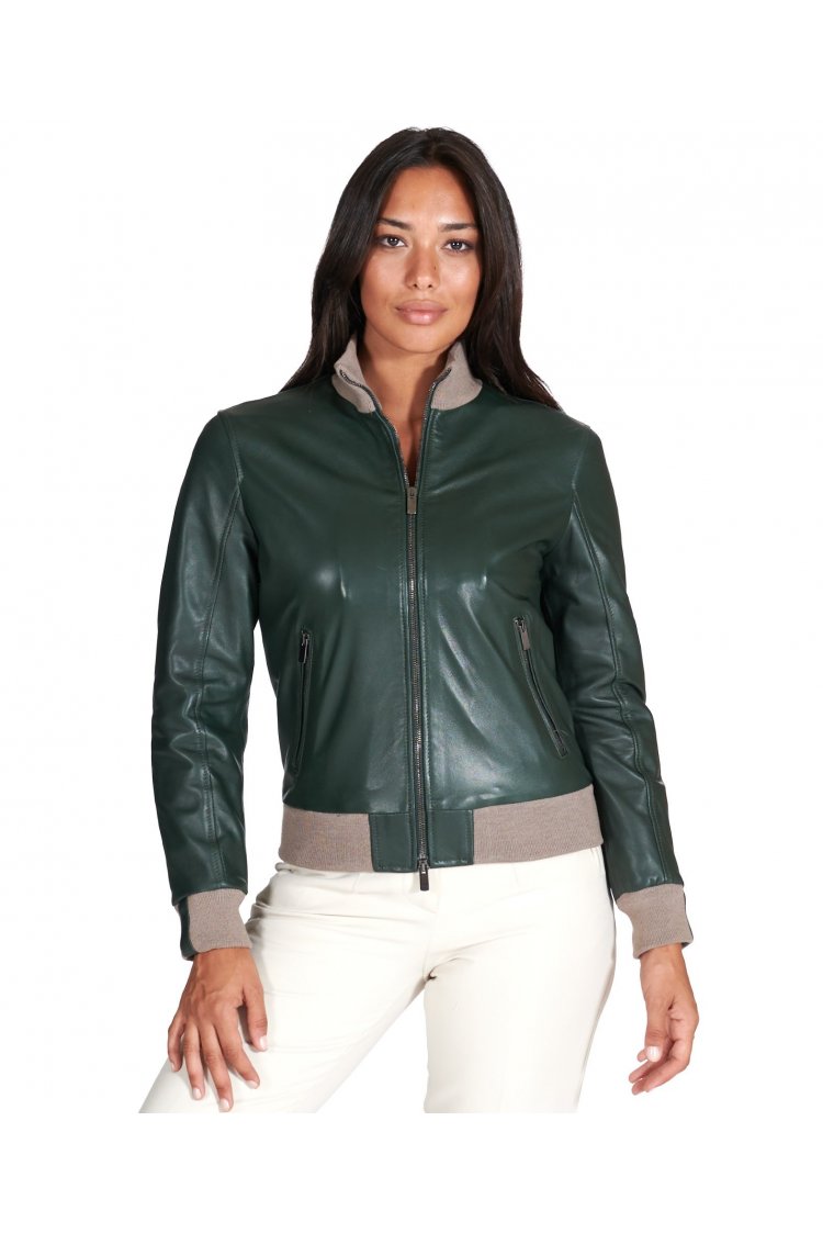 Dark green natural leather bomber jacket merino wool collar