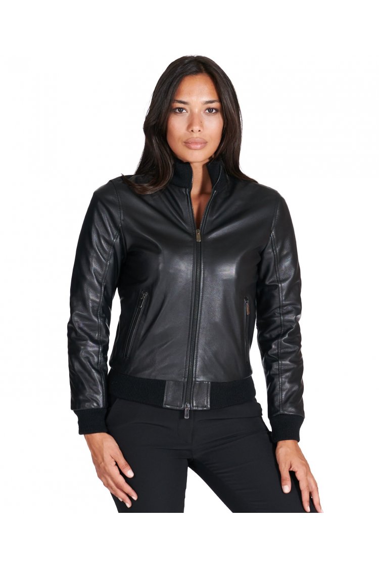 Black nappa lamb leather bomber jacket